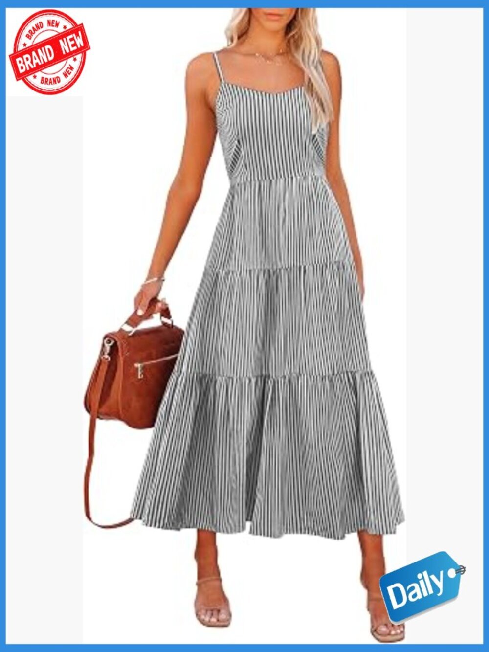 Womens Summer Midi Dress Casual Striped Plaid Sleeveless Flowy Maxi Beach